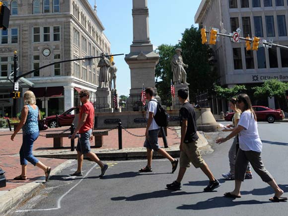 Patrons walk through the town square - Lancaster, Pa