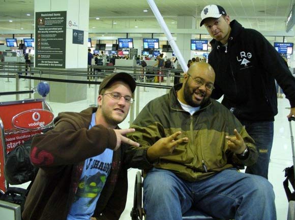 Mike Fiebach, left, with Gift of Gab, center, and DJ Shadow in 2007