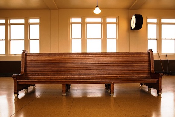 A restored bench at the Lancaster train station
